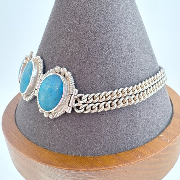 VTG Sterling Silver 925 Turquoise Double Curb Link Chain Bracelet 8.5" Length - Picture 2 of 12